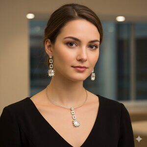 Rhinestone Square Pendant Necklace Set